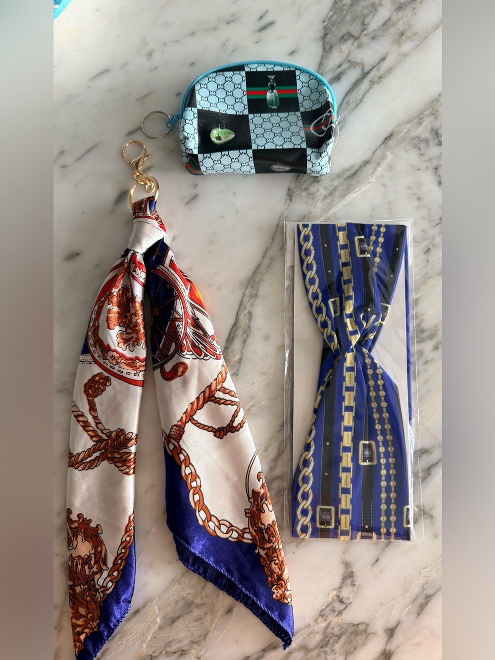 Blue Chain Print Scarf Keychain Bag Charm Coin Pouch Makeup Case Headband New